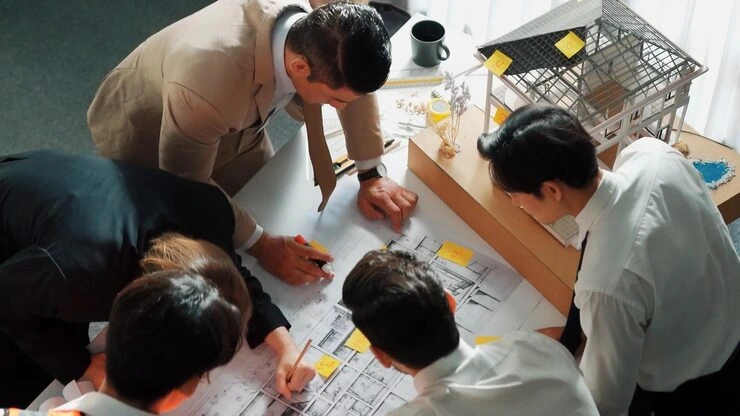 Property team reviewing floor plans and documents together around table with architectural drawings and notes