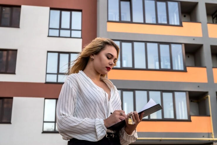 Professional woman reviewing property documents outside modern residential building Reading