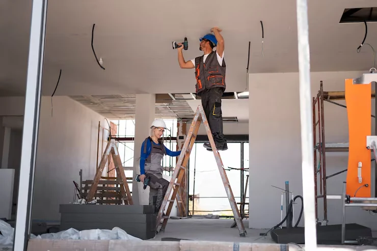 Construction workers on ladders installing fixtures during commercial property renovation with tools and equipment
