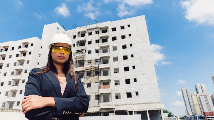 Female property professional in hard hat and business suit standing confidently in front of construction site