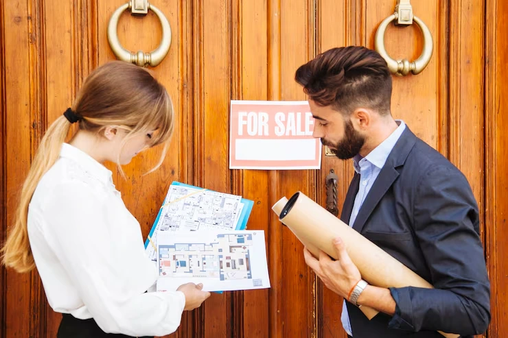 Property consultant reviewing floor plans with female client beside wooden door with for sale sign
