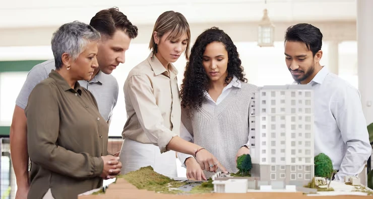 Five professionals examining architectural model and plans on conference table in bright office