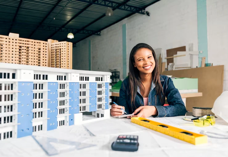 Property specialist analyzing apartment development models and blueprints with calculator and measuring tools