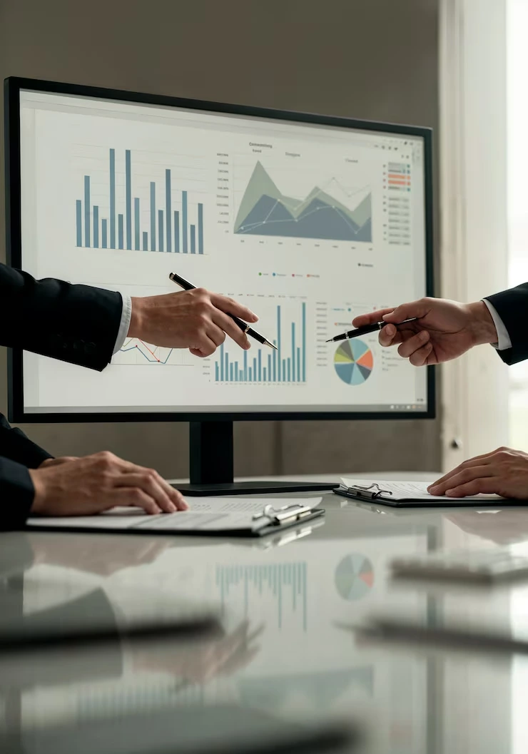 Property analysts pointing to performance charts and graphs on monitor during valuation meeting