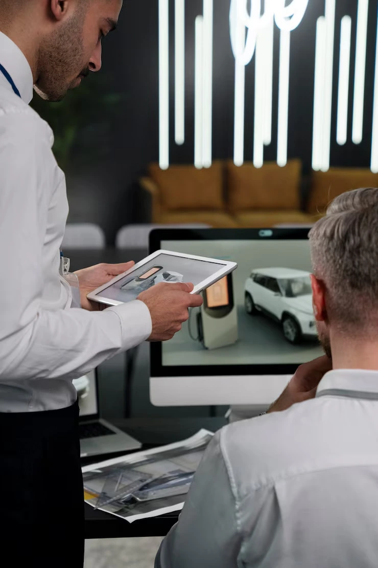 Property manager showing digital portfolio dashboard on tablet to investor in modern office setting