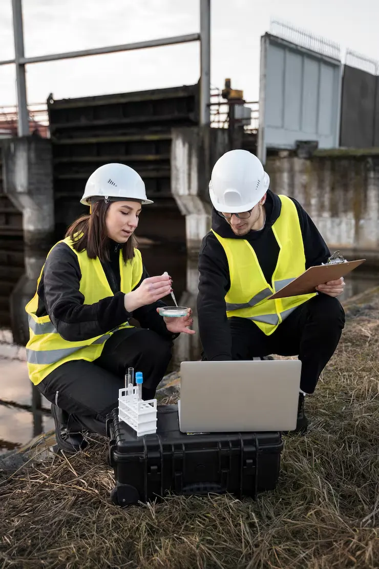 Property surveyors in safety gear conducting site assessment with laptop and measurement tools on construction site