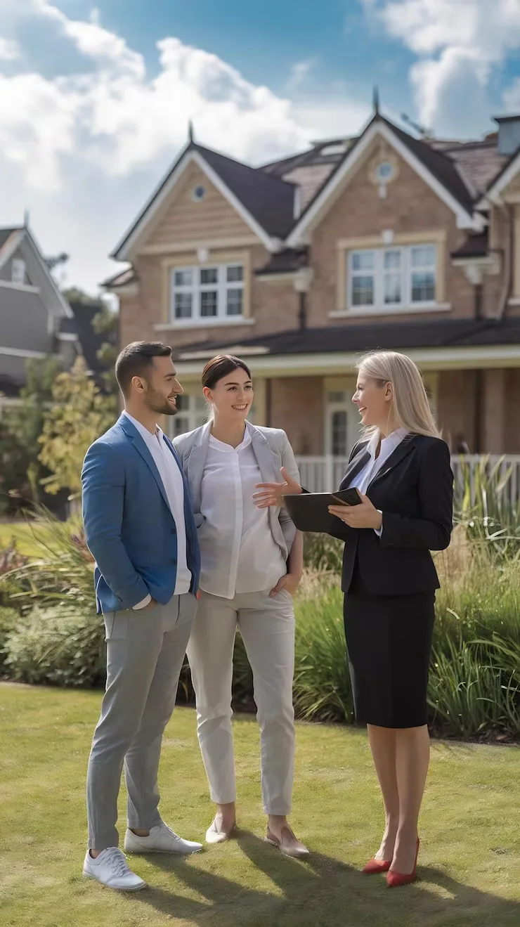 Property agent consulting with happy clients outside modern family home discussing investment opportunities